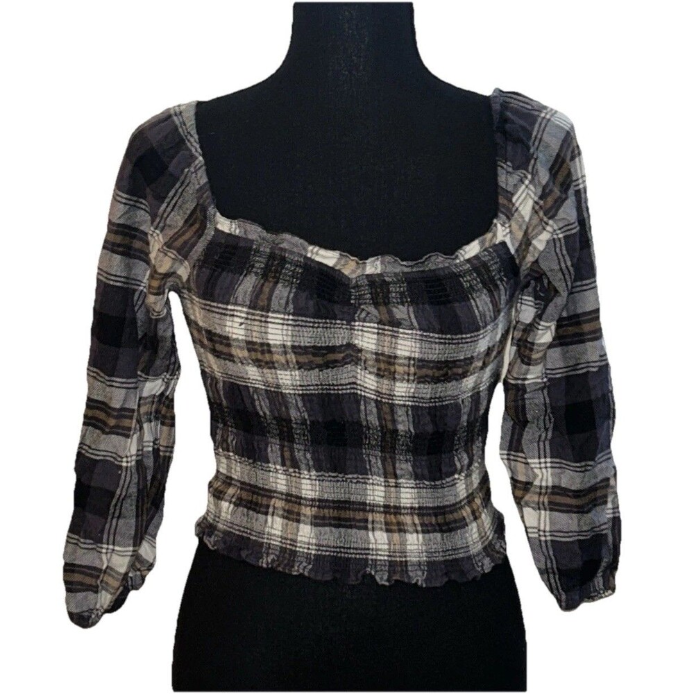 Love Tree Small Square Neck Multicolor Plaid Blouse